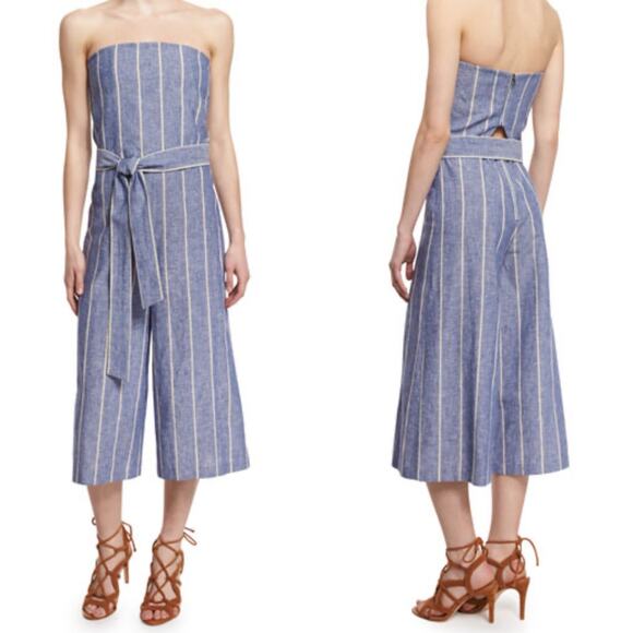 ALICE + OLIVIA Lucie Linen Blend Striped Strapless Wide-Leg Jumpsuit 0 - Picture 1 of 15